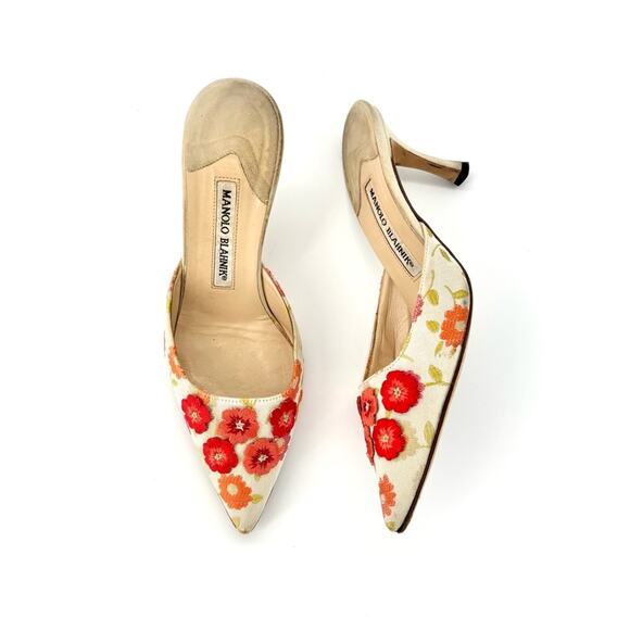 Manolo Blahnik Retro Vintage Floral Applique Pointed Toe Kitten Heel Mules 36.5 - Picture 1 of 6